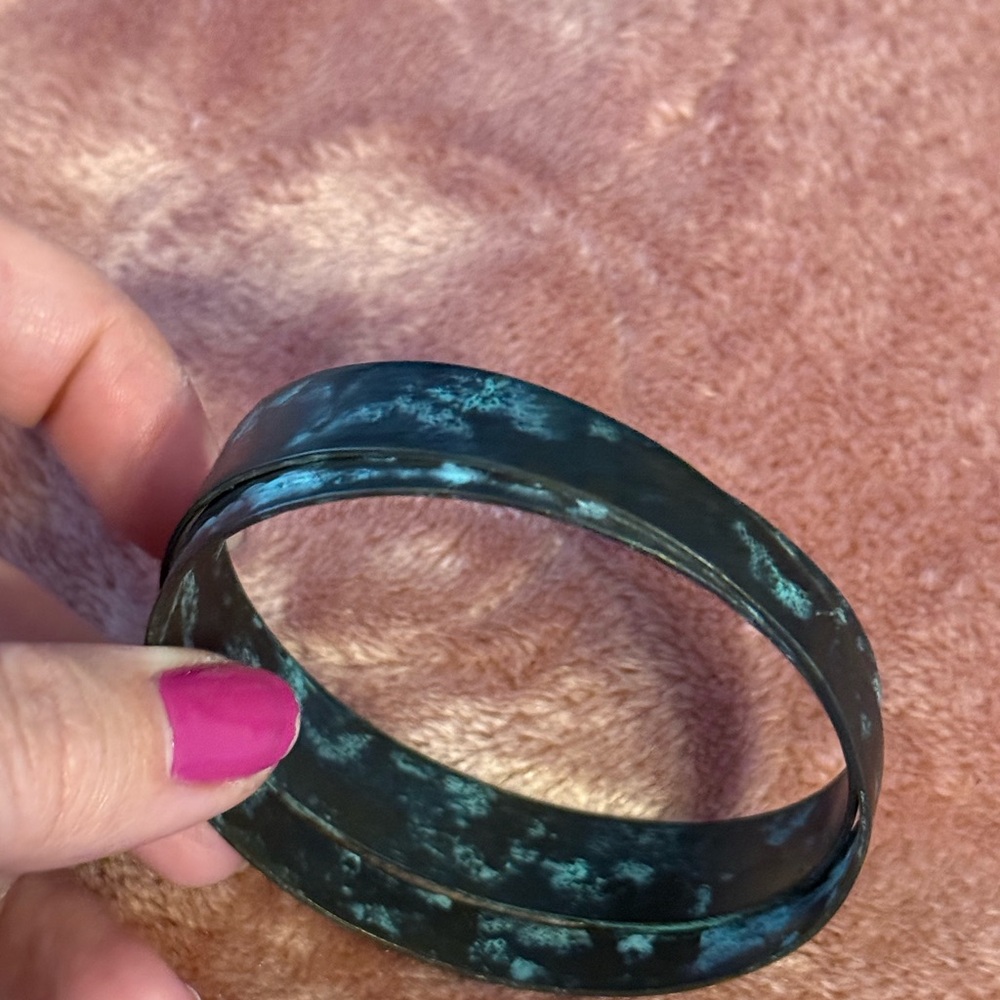 Patina Green Layered Metal Bangle Bracelet - Women's Jewelry